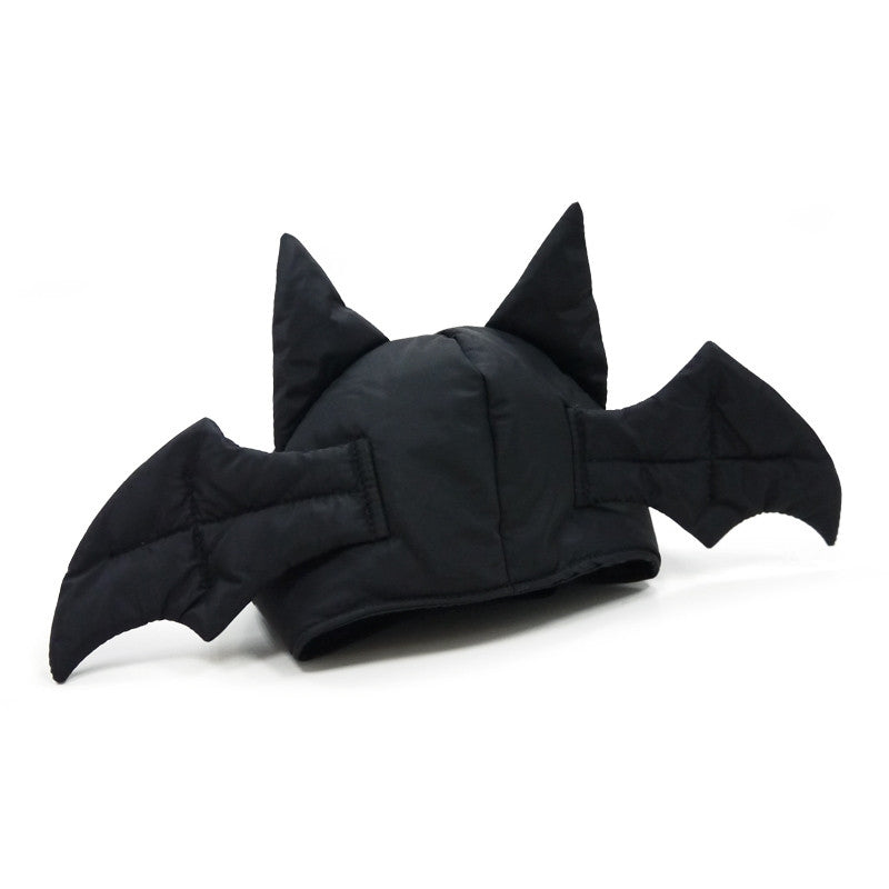 Black puffer-style bat dog hat with pointed ears and side wings