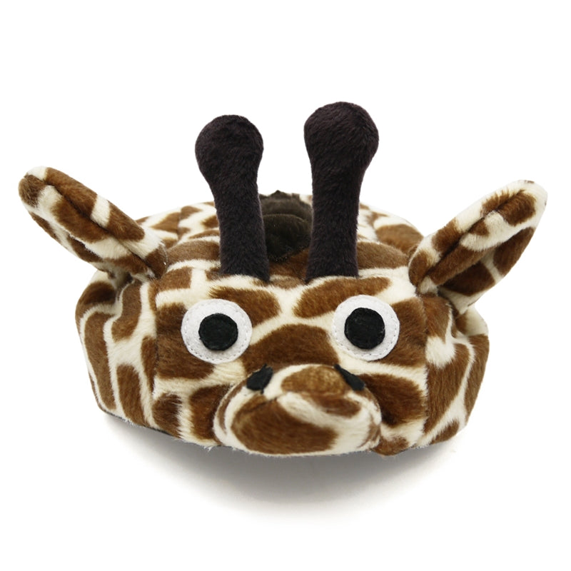 Giraffe plush dog hat face with large eyes and upright dark antlers