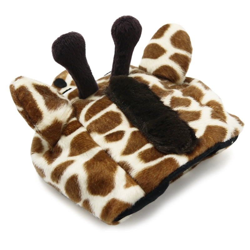 Giraffe plush dog hat open view, showing padded hood and dark antlers