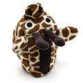 Giraffe-pattern plush dog hat with hood, round eyes, and dark antlers