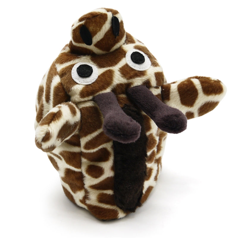 Giraffe-pattern plush dog hat with hood, round eyes, and dark antlers