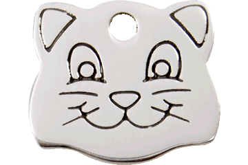 Cat face shaped stainless steel ID tag with engraved cat face and hanging hole