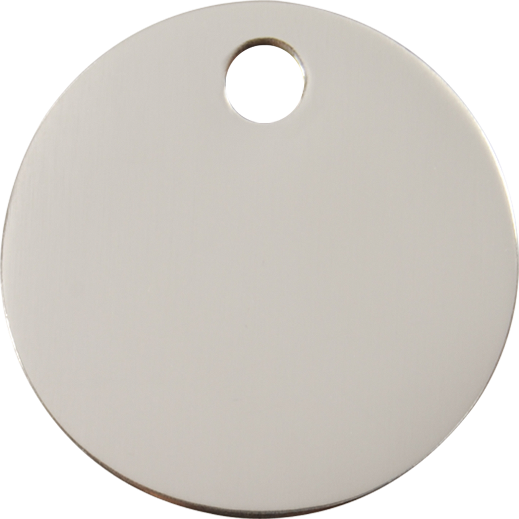 Close-up flat round stainless steel dog ID tag with central top attachment hole