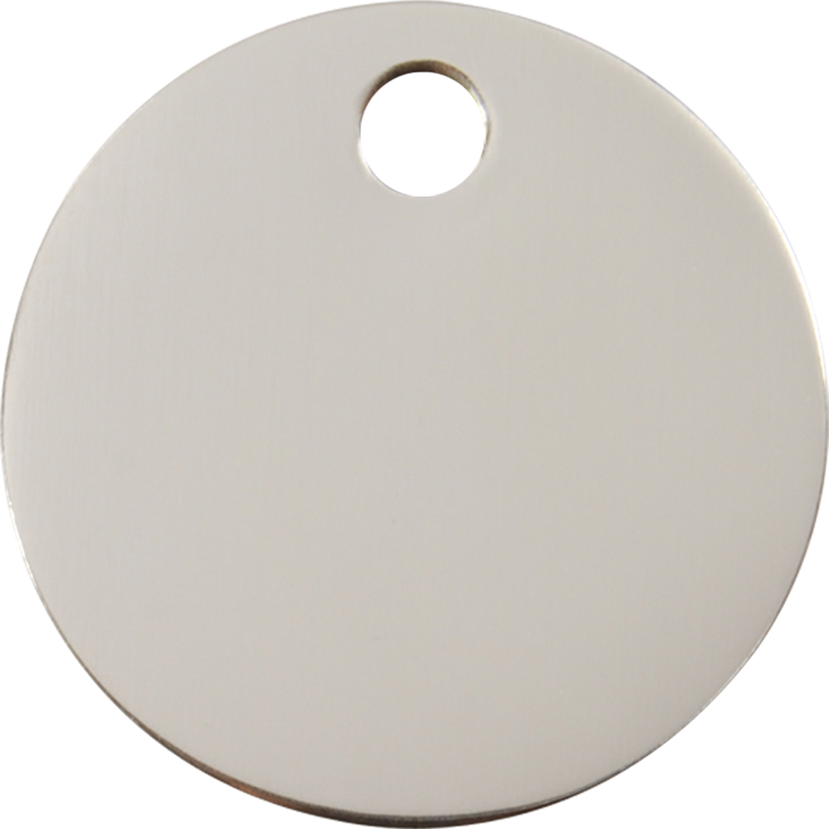 Close-up flat round stainless steel dog ID tag with central top attachment hole