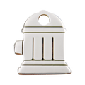Flat stainless steel dog tag shaped like a fire hydrant with a round hanging hole