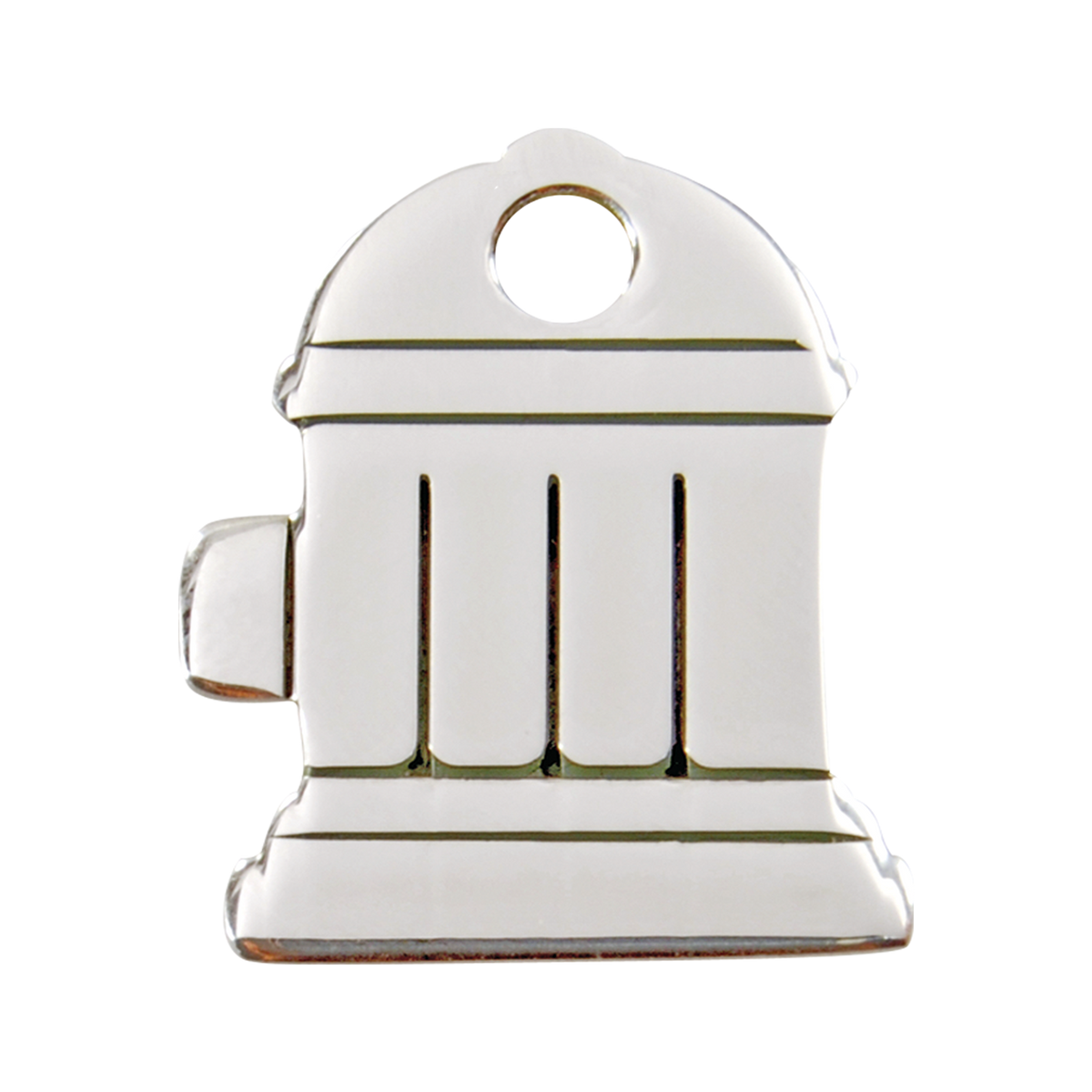 Flat stainless steel dog tag shaped like a fire hydrant with a round hanging hole