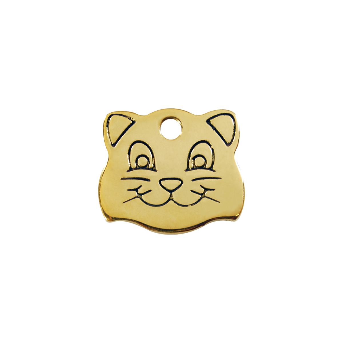 Brass cat face-shaped pet ID tag with circular hole and engraved face details.