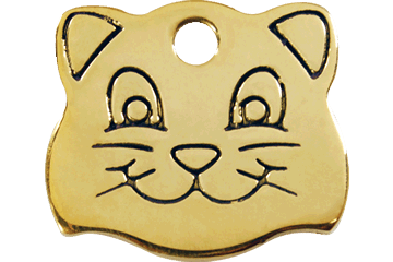 Close-up of brass cat face pet ID tag with round attachment hole and engraved features.