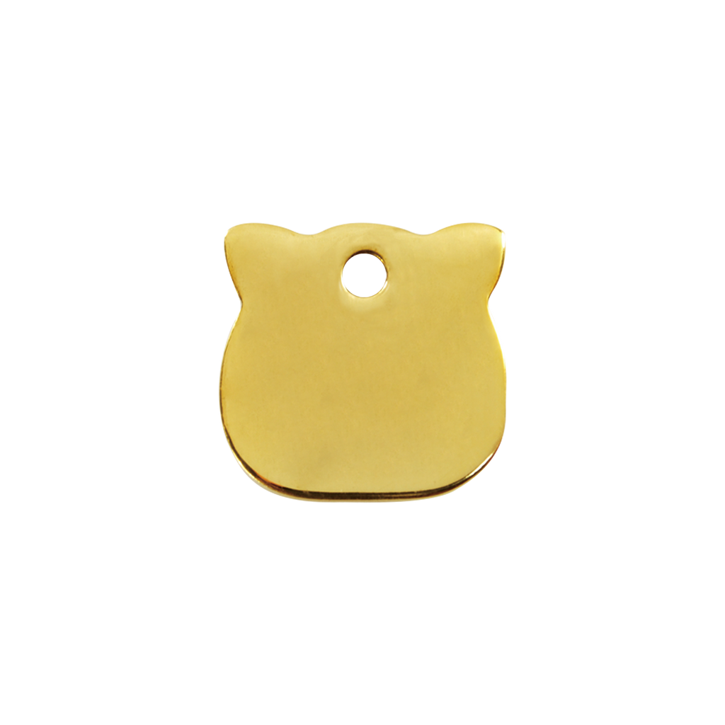 Cat-shaped brass pet ID tag with round hole, flat back