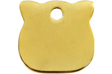 Cat-shaped brass pet ID tag close-up with round hole and smooth edges