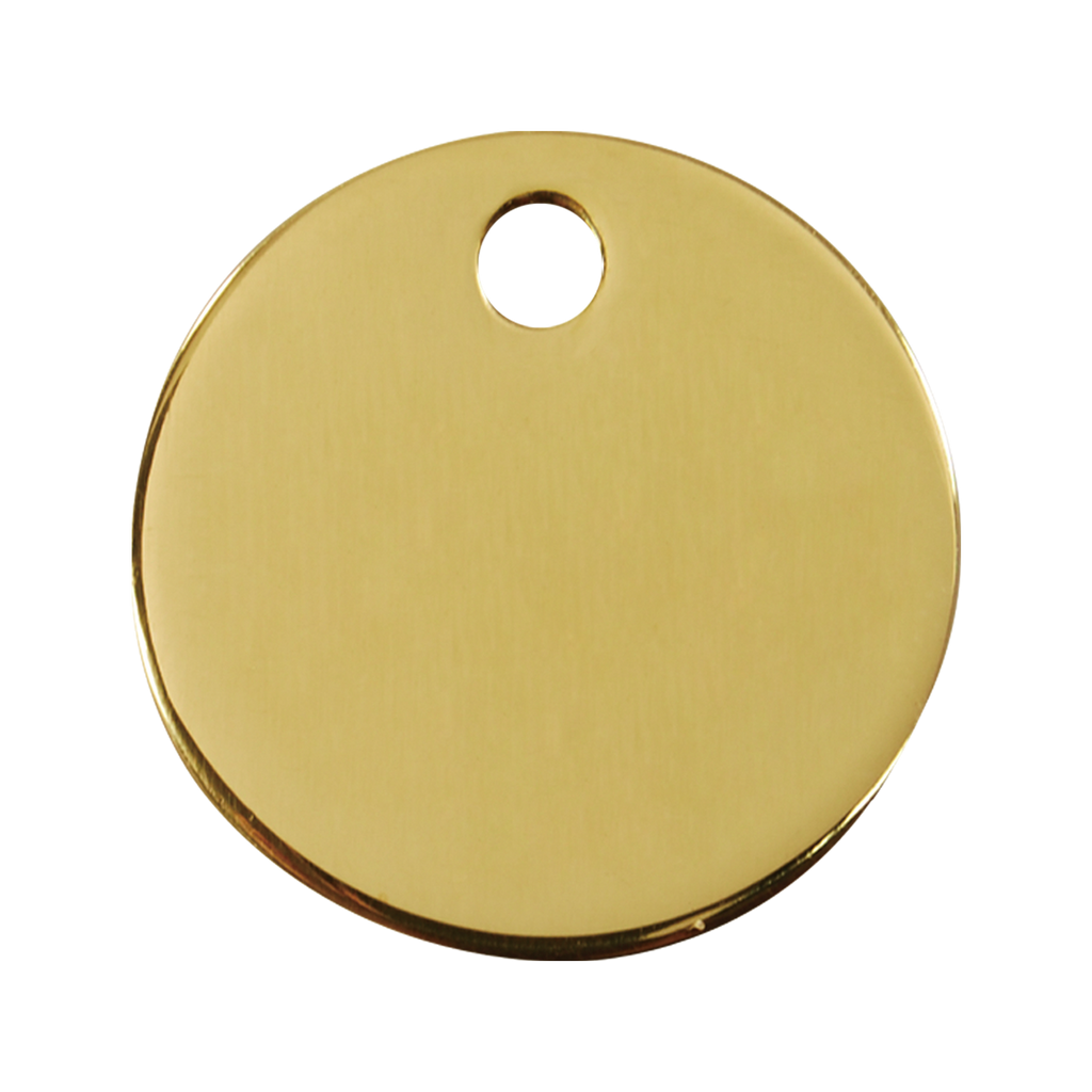 Red Dingo brass circle dog ID tag with top hanging hole, smooth front surface