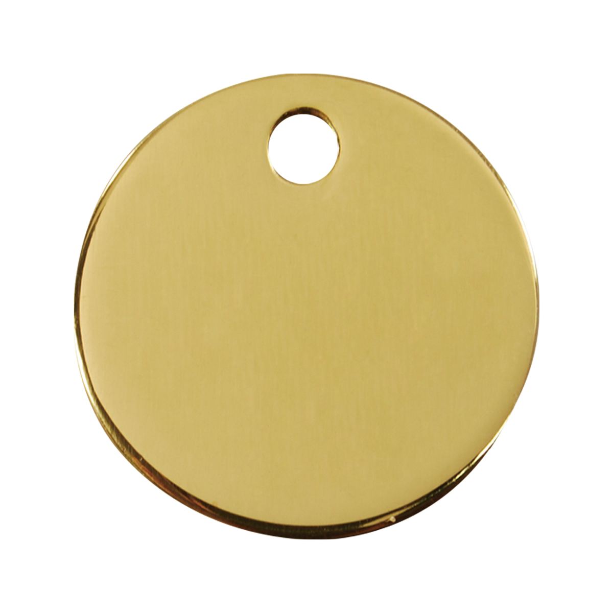 Red Dingo brass circle dog ID tag with top hanging hole, smooth front surface