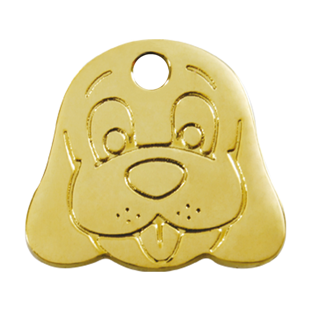 Brass dog face pet ID tag with hanging hole and engraved muzzle details