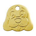 Brass dog face pet ID tag with hanging hole and engraved muzzle details
