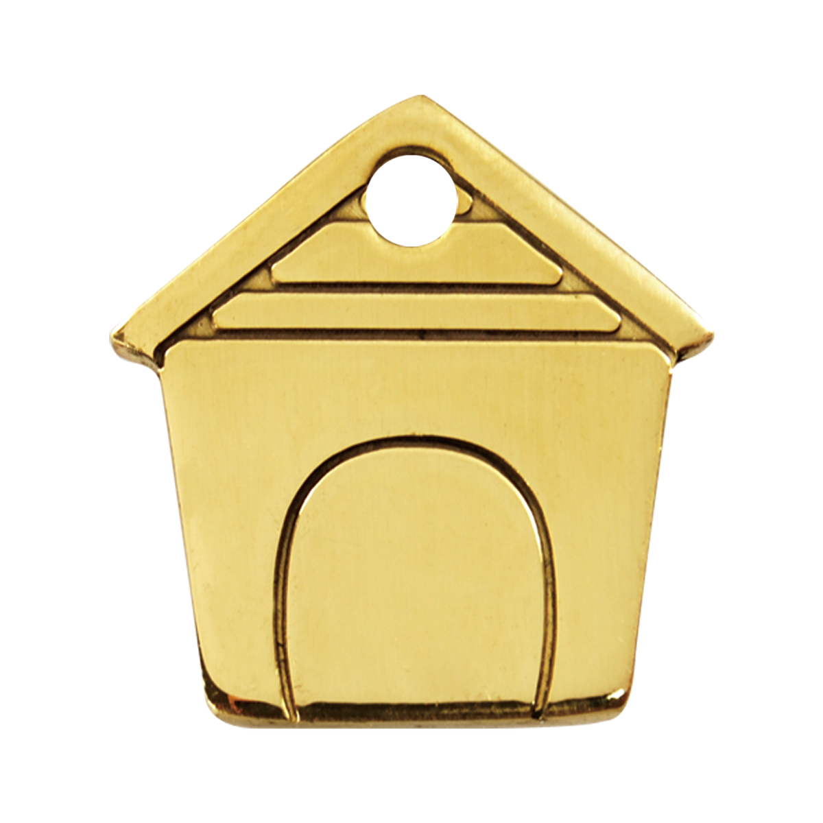 Brass dog ID tag with house shape and round cutout