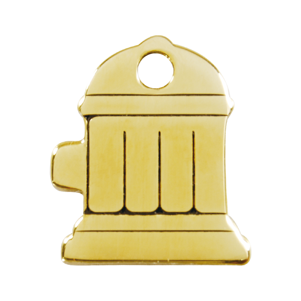 Red Dingo brass fire hydrant-shaped dog ID tag front detail