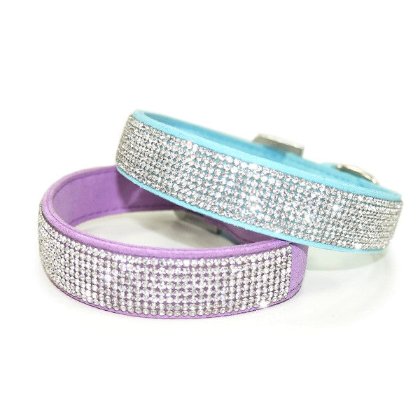 Turquoise and purple rhinestone dog collars, glitter band with metal buckle