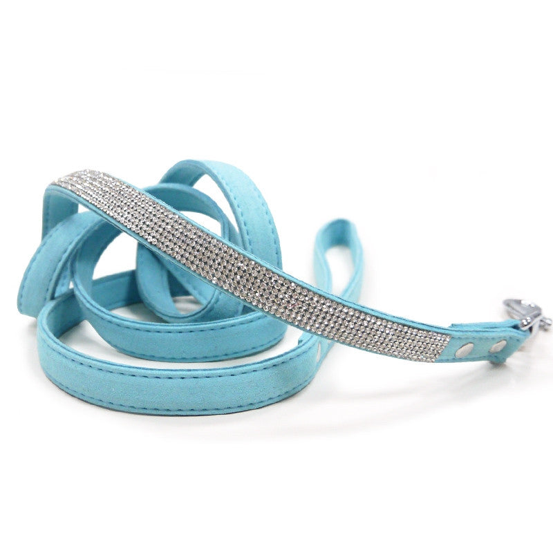 Blue leather dog leash with rhinestone crystal strap and metal swivel clip