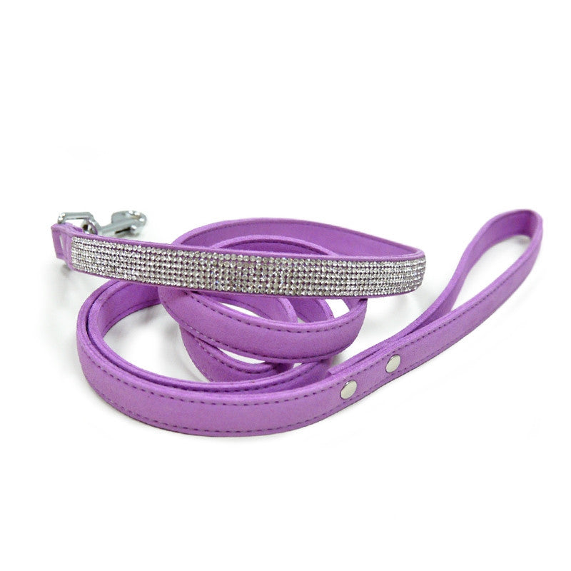 Purple leather dog leash with rhinestone crystal strap and metal swivel clip
