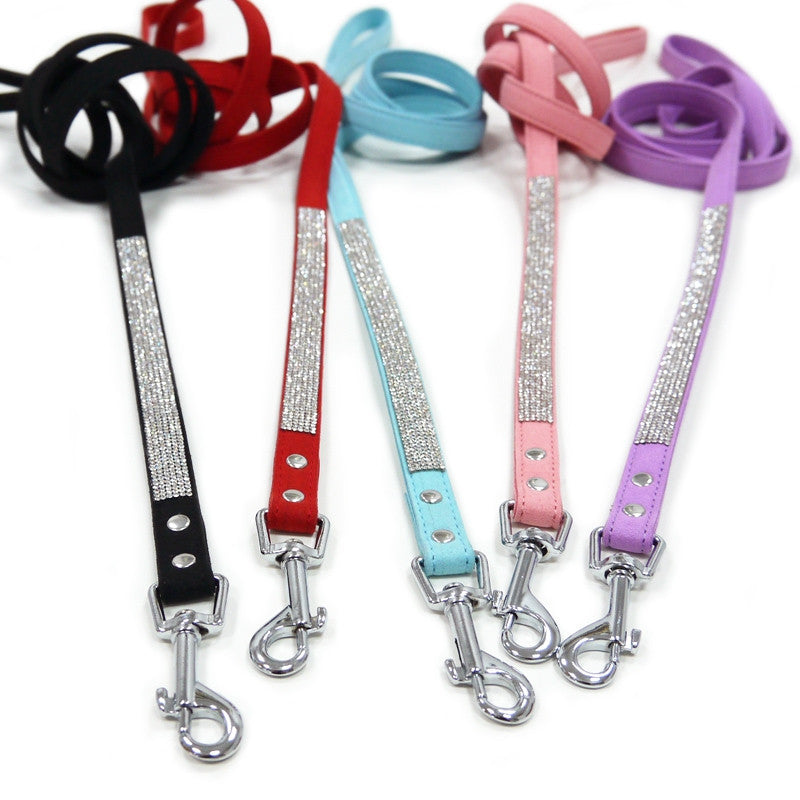 Assorted rhinestone dog leashes with metal clips: black, red, blue, pink, purple