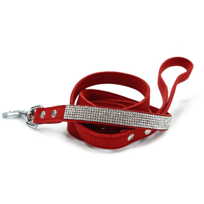 Red leather dog leash with rhinestone crystal strap and metal swivel clip