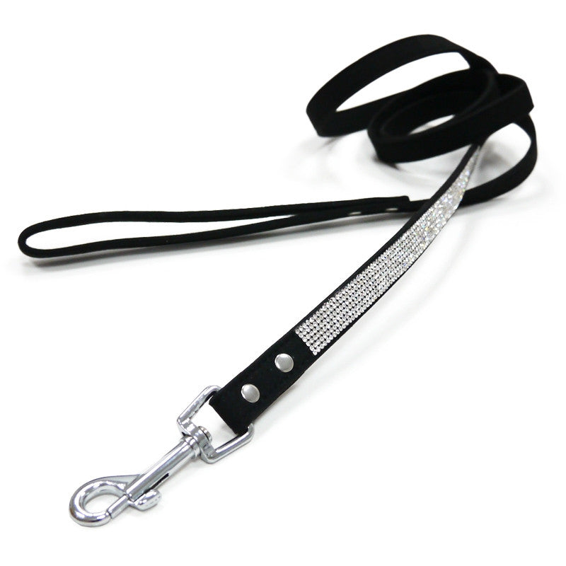 Black leather dog leash with rhinestone crystal strap and metal swivel clip