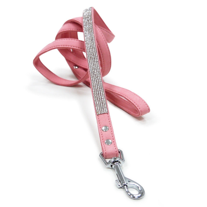 Pink leather dog leash with rhinestone crystal strap and metal clasp