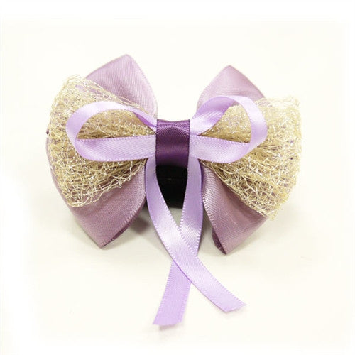 Lavender bow tie with gold glitter heart center and purple ribbon streamers