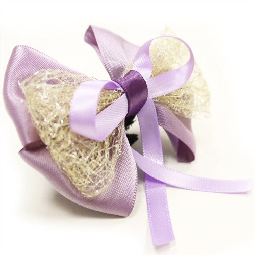 Lavender and gold glitter dog bow tie with black knot center and trailing ribbons