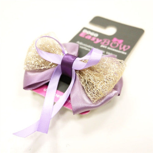 Gold glitter and lavender dog bow tie with purple ribbons and dangling tails