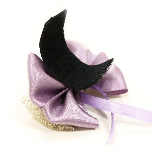 Lavender dog bow tie with black center and gold glitter backing, long ribbon tails