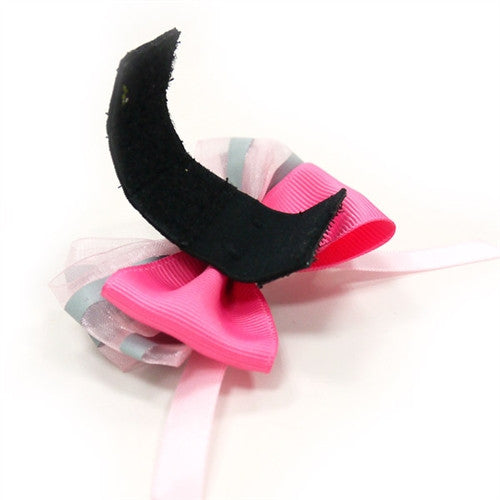 Dog bow tie with hot pink bow and pastel stripes, black crescent accessory