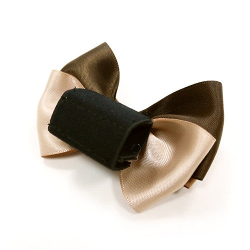 Dog bow tie: satin brown, olive, and black bows with tan center knot and strap