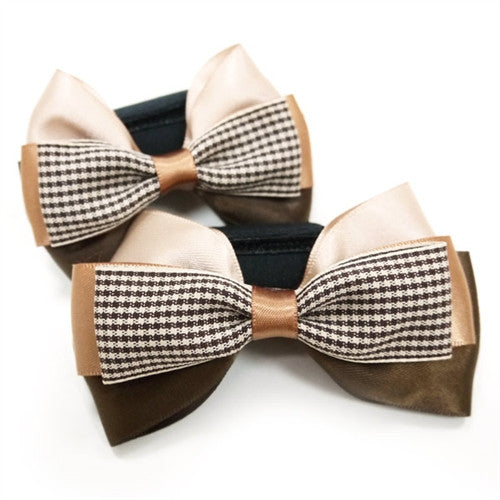 Dog bow tie: cream, brown, and black with houndstooth panel and tan center knot