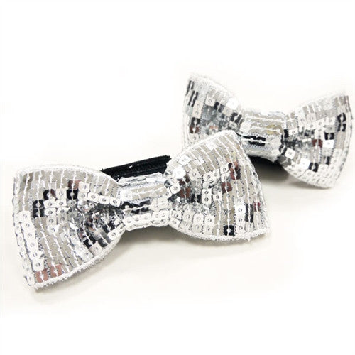 Silver sequin dog bow tie with black underlayer, two bow angles shown