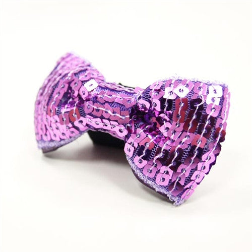 Purple sequin dog bow tie with black center barrette-style bow