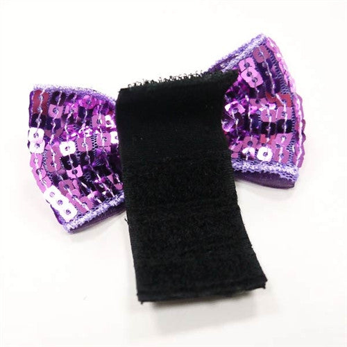 Purple sequin dog bow tie with black center and neck strap