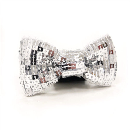 Silver sequin dog bow tie with metallic bow center and sparkling ribbon texture