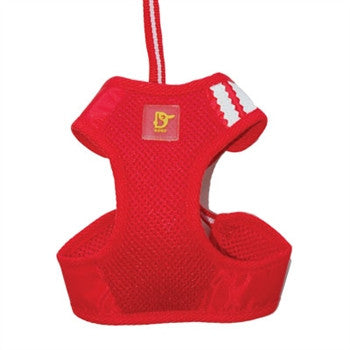 Red soft step-in dog harness with mesh fabric, D-ring patch, and adjustable strap.