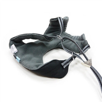 Dark puffer step-in dog harness with gray knit trim and adjustable straps