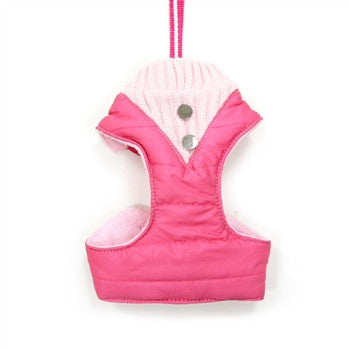 Bright pink puffer step-in dog harness with gray snap buttons
