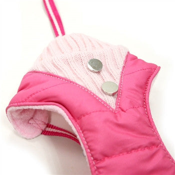 Pink puffer step-in dog harness with snap-button straps