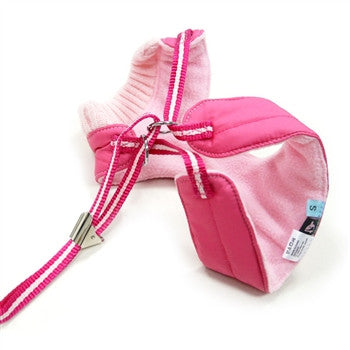 Pink puffer step-in dog harness with two rope-like leash straps