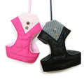Pink and black puffer step-in dog harnesses with knit cuffs
