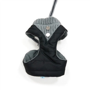Black puffer step-in dog harness with gray knit collar and snaps