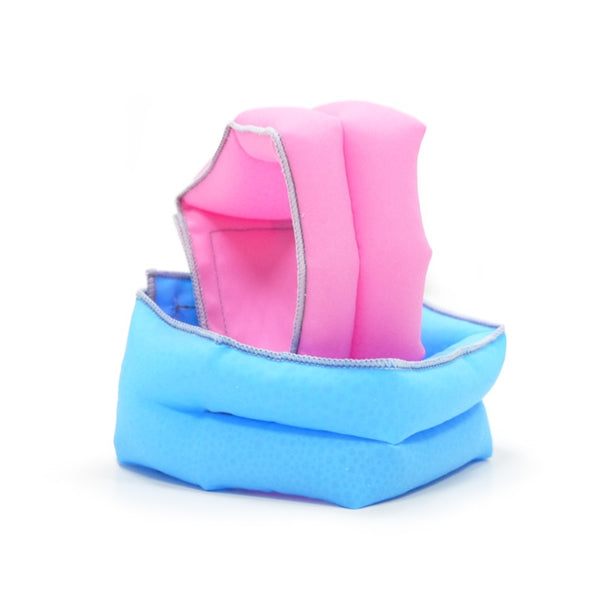 Pink and blue cooling collar with hood-like center opening and stitched edges