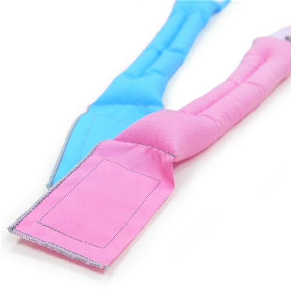 Pink cooling collar strap with stitched square patch, blue base panel