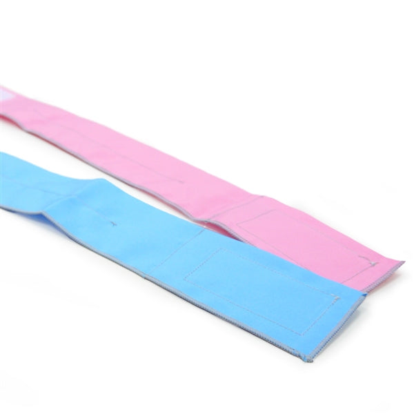 Pink and blue cooling collar straps with gray trim and visible seams