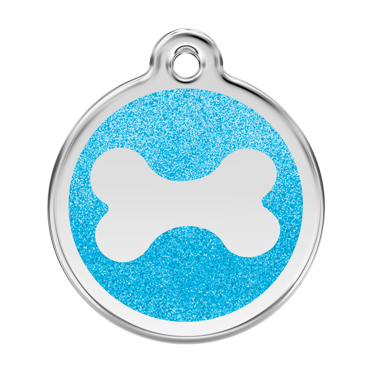 Stainless steel dog bone ID tag with aqua blue glitter enamel center
