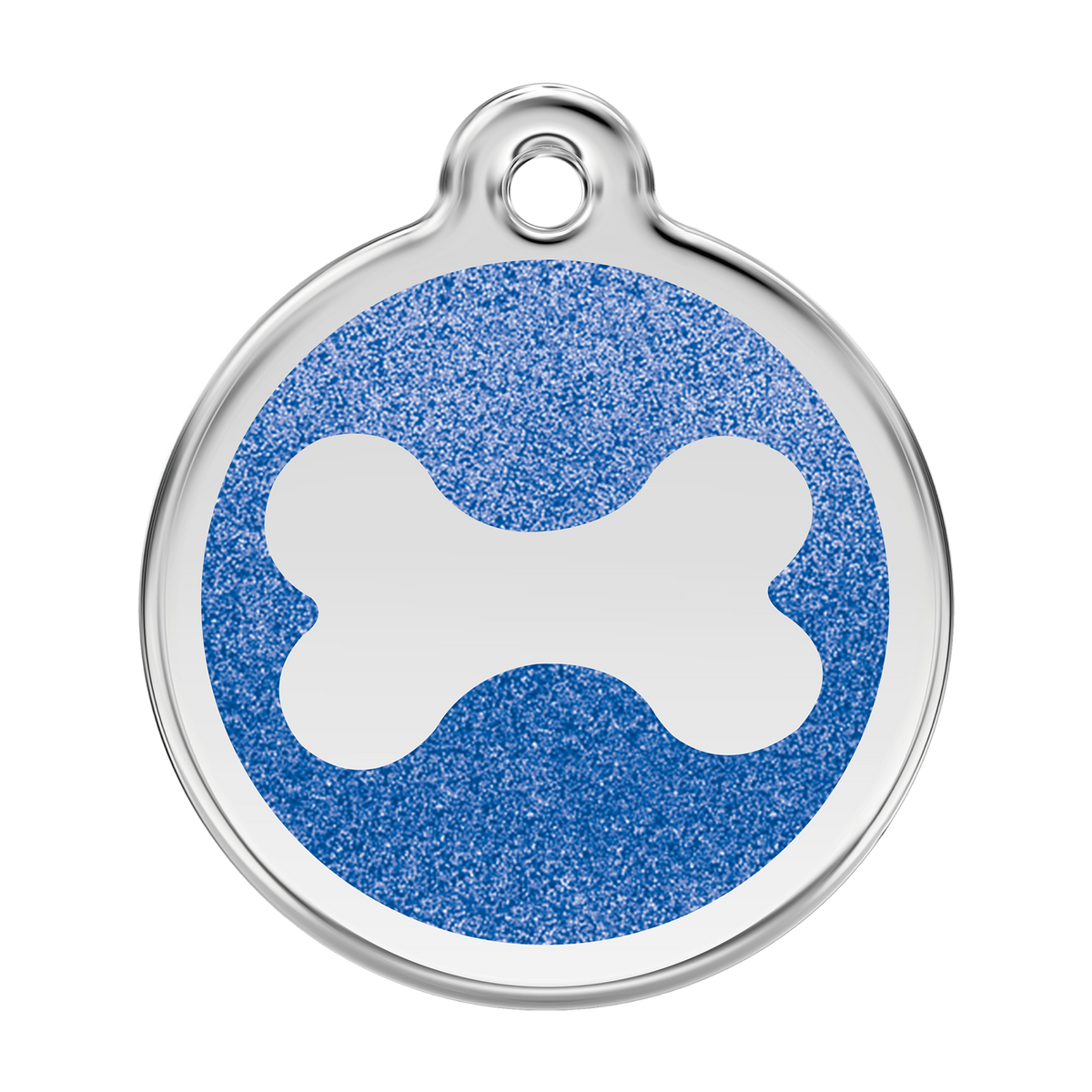 Stainless steel dog bone ID tag with dark blue glitter enamel center